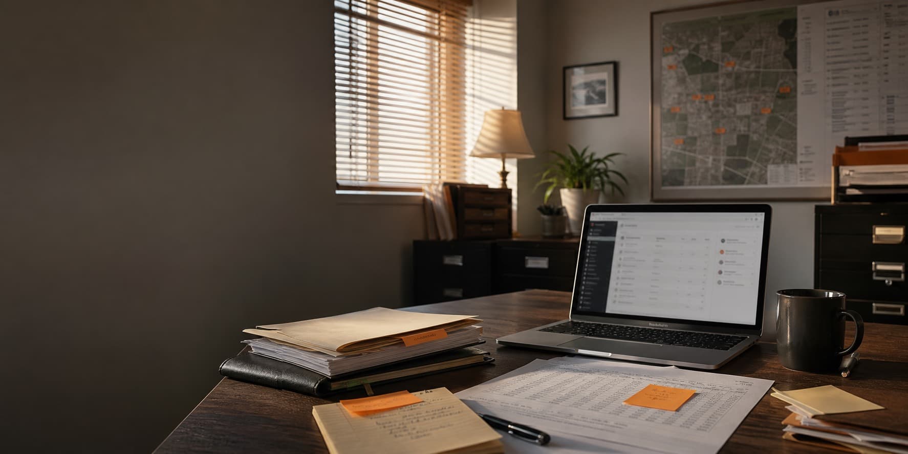 A portfolio operations office with rent rolls, folders, and a laptop