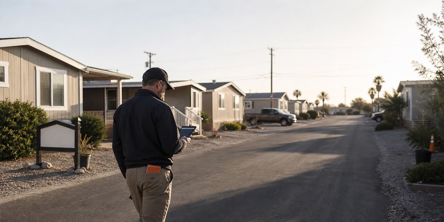 A site manager walking a manufactured housing community with a tablet